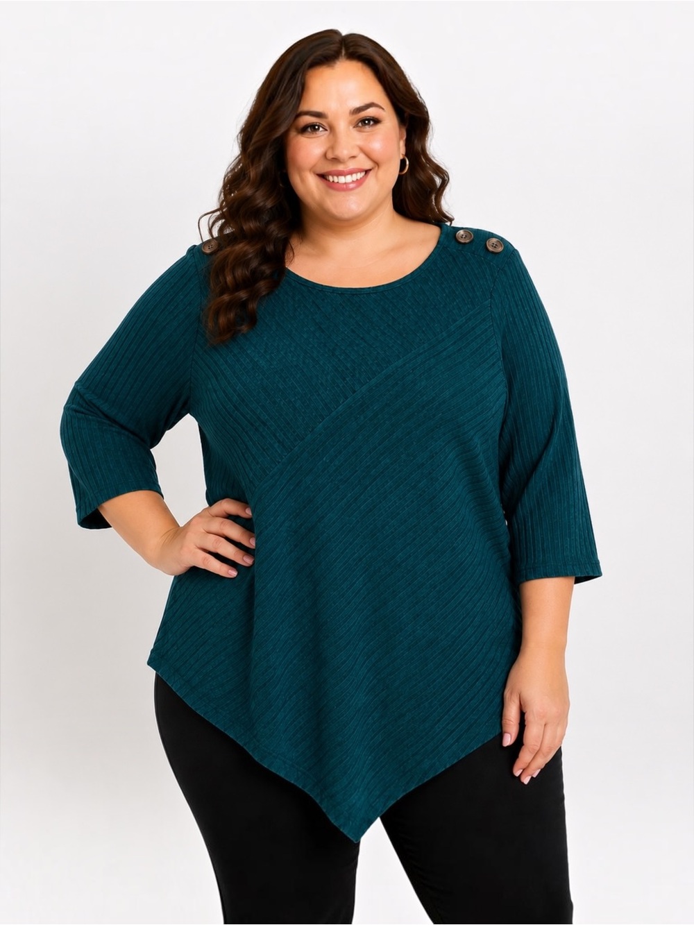 PerSeption Women 2X Teal Rib Knit Sharkbite Top Button Shoulder Plus Size
